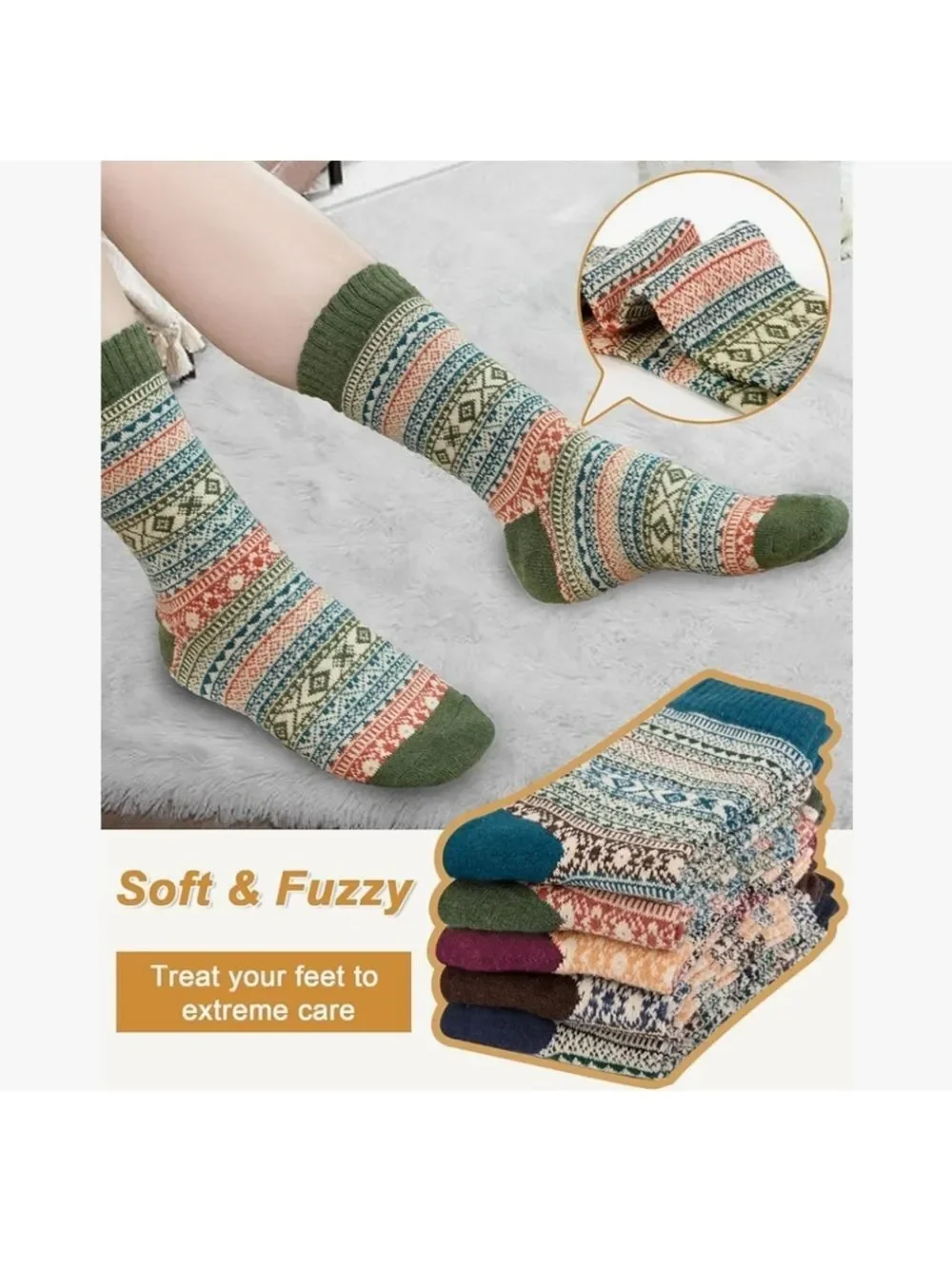 5 Pair Women's Patterned Wool Blend Socks